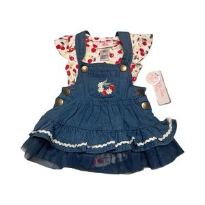 Little Lass Baby Girls 0-3M Denim Jumper Dress Cherry Bodysuit 2pc Set NWT
